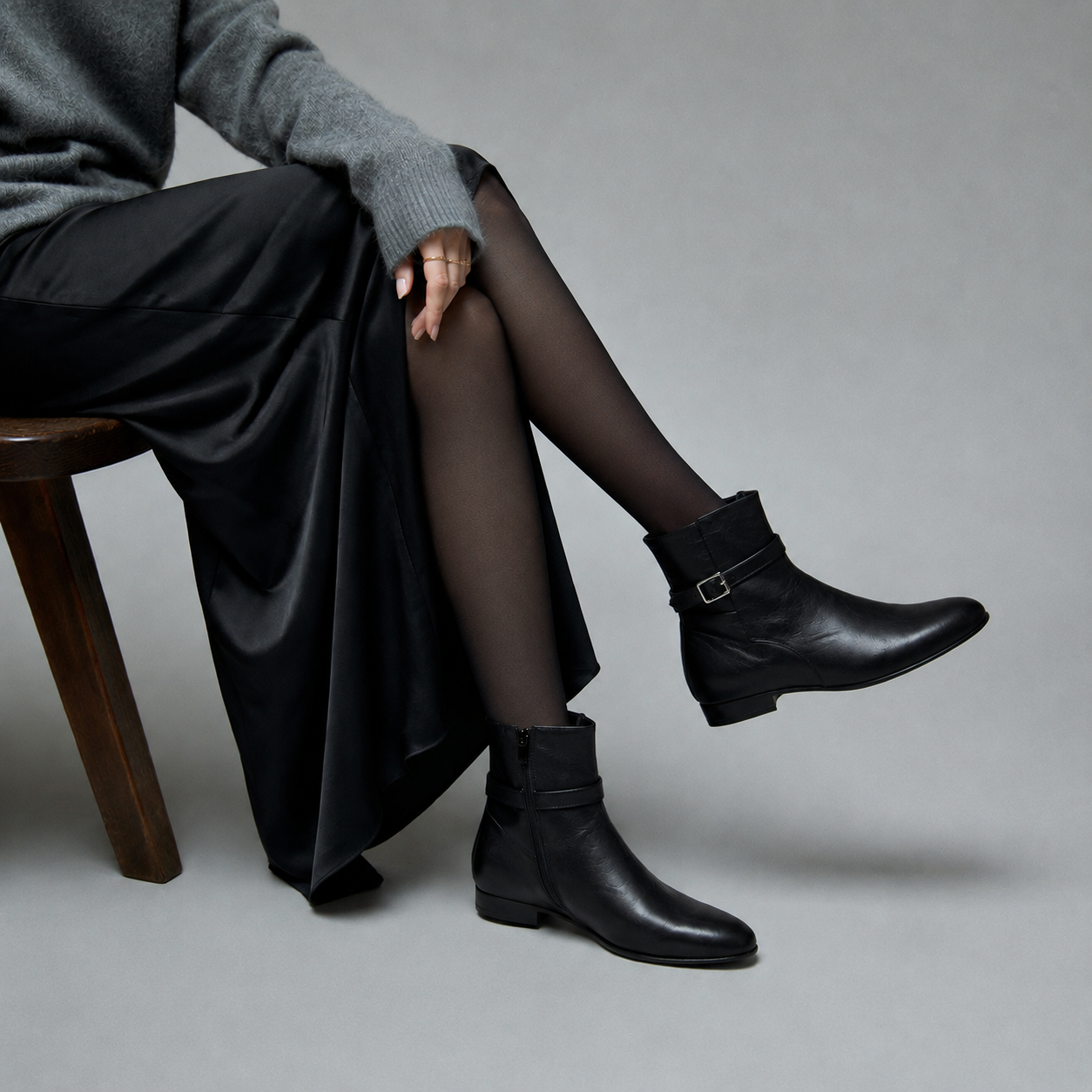 Bottine Kate en cuir de veau lisse noir