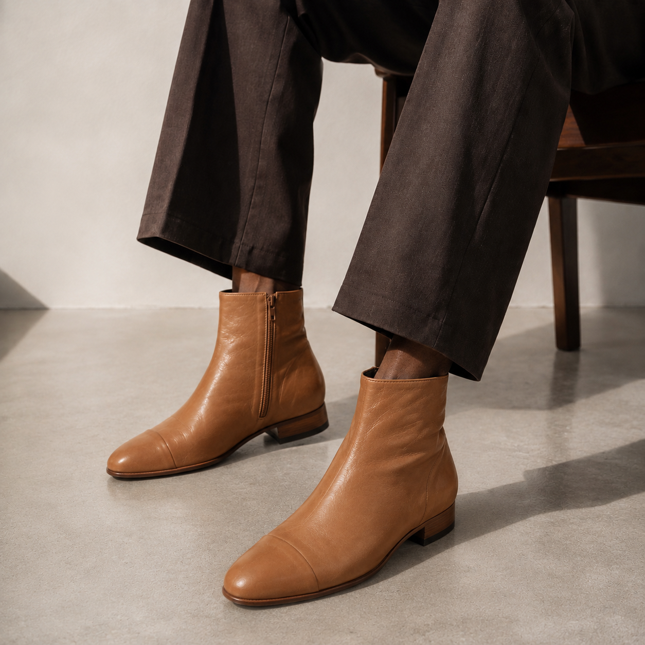 Bottine Andy en cuir de veau souple camel