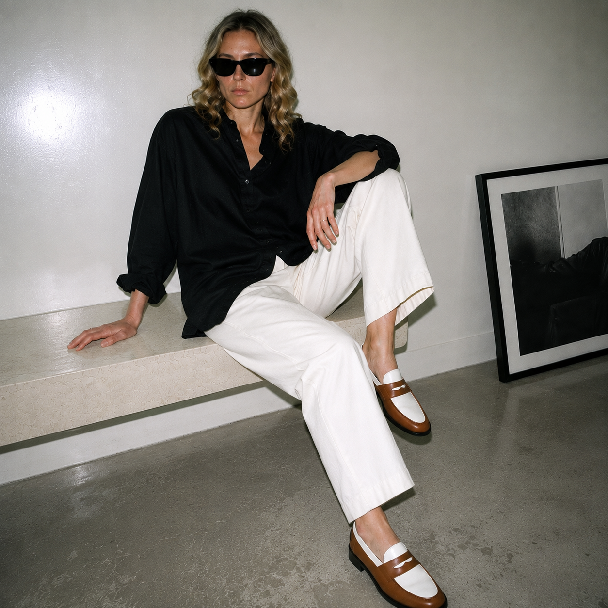 Mocassin Rudolph en cuir de veau lisse camel et blanc