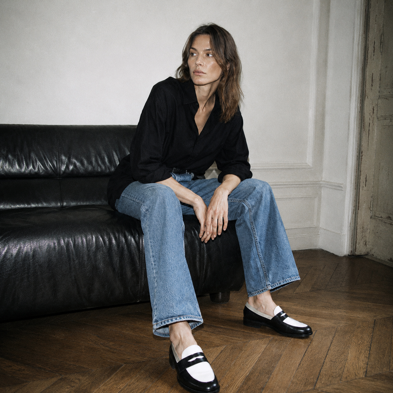 Mocassin Rudolph en cuir de veau lisse noir et blanc