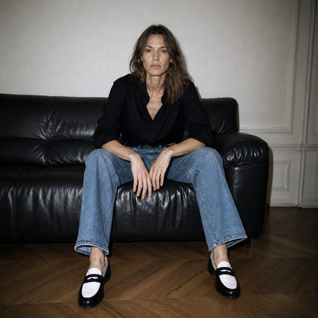 Mocassin Rudolph en cuir de veau lisse noir et blanc