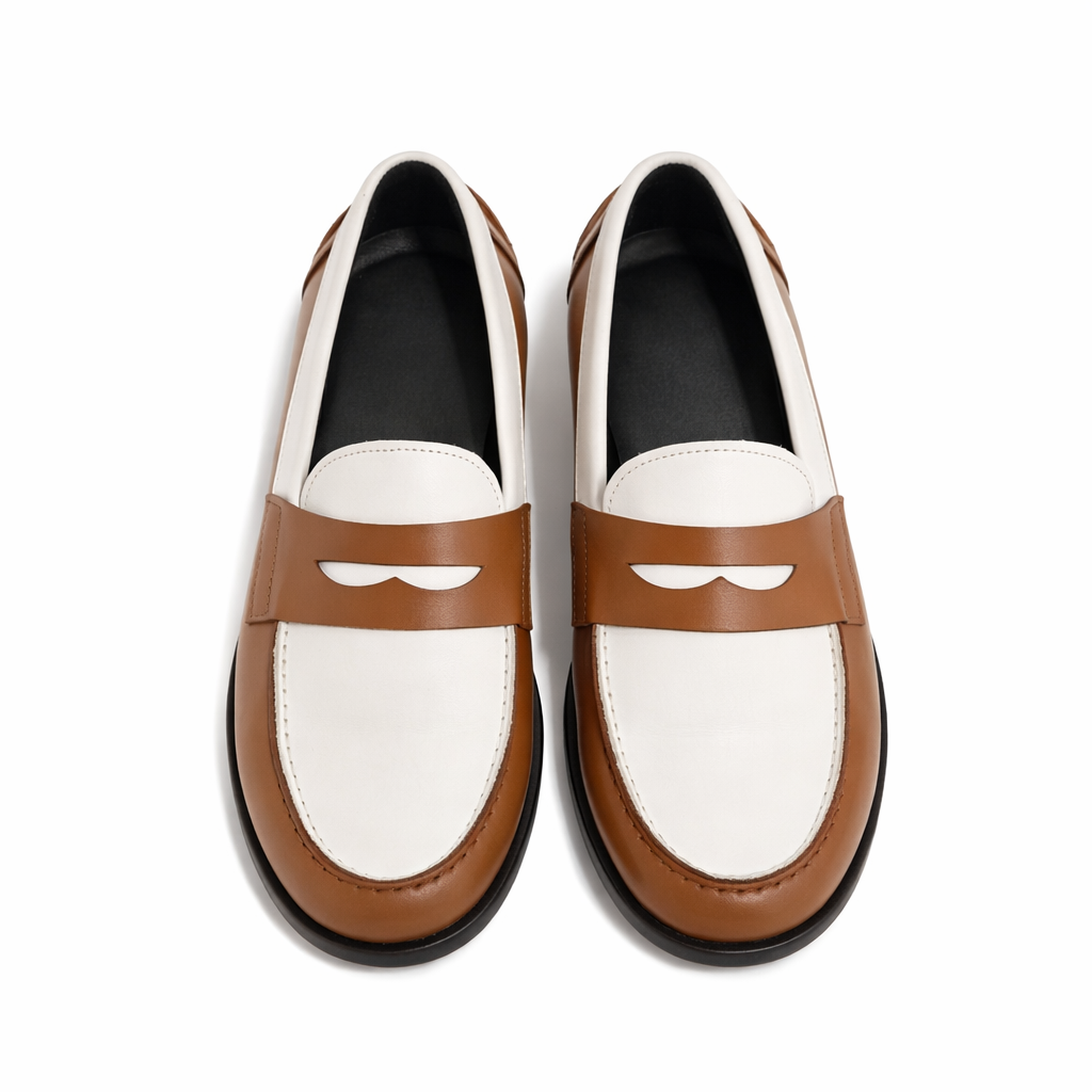 Mocassin Rudolph en cuir de veau lisse camel et blanc