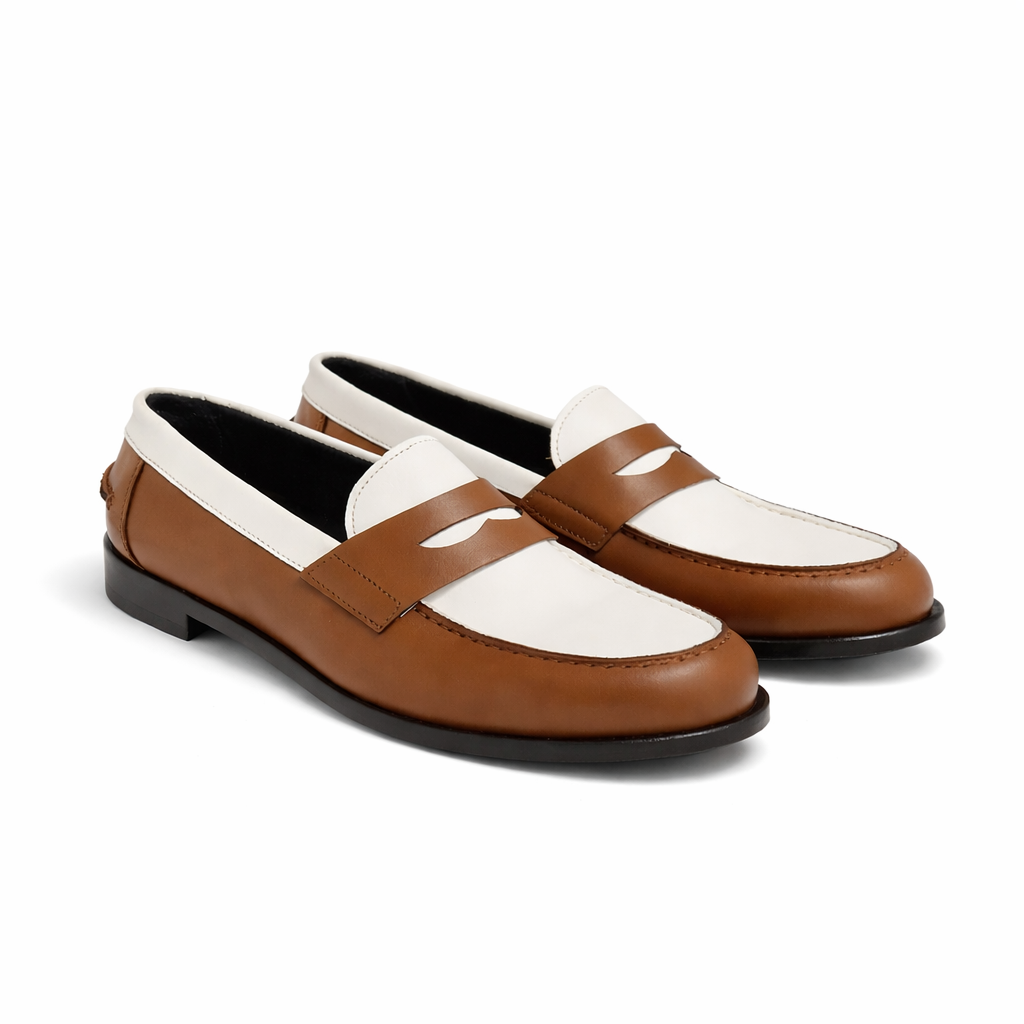 Mocassin Rudolph en cuir de veau lisse camel et blanc