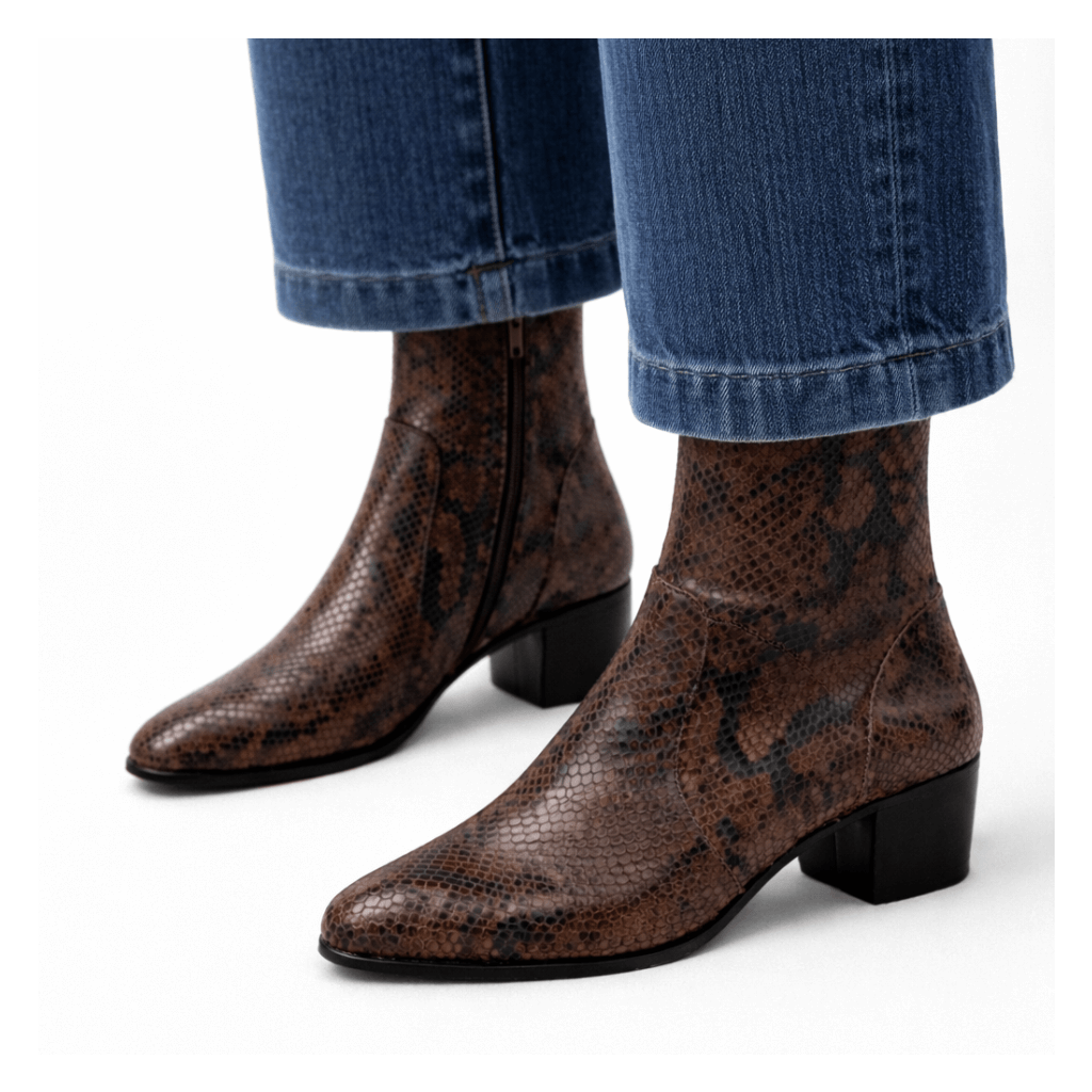 Bottine Maria en cuir embossé python chocolat