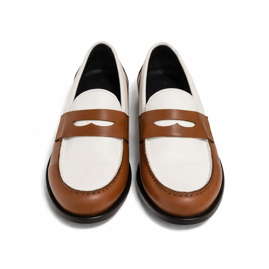 Mocassin Rudolph en cuir de veau lisse camel et blanc