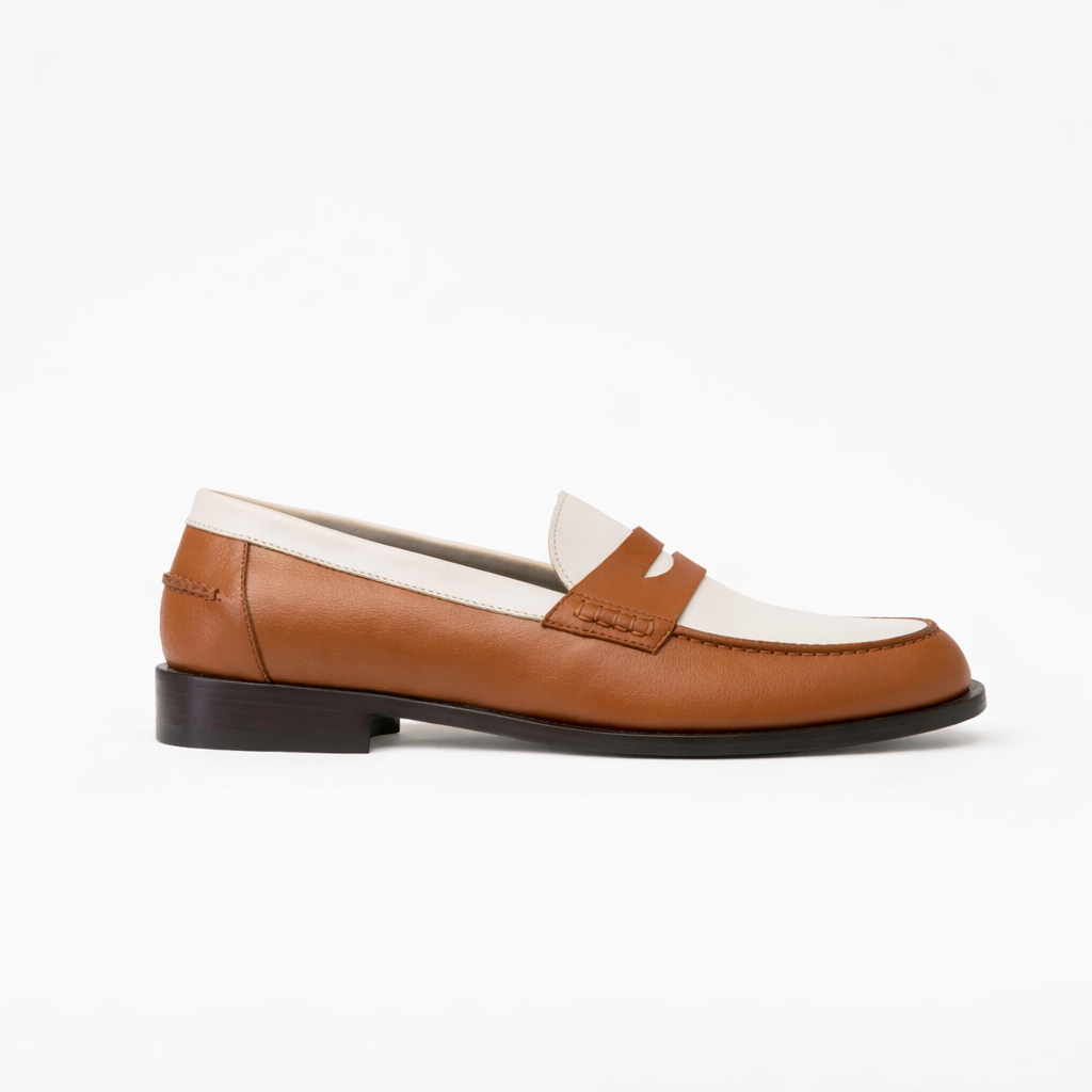 Mocassin Rudolph en cuir de veau lisse camel et blanc